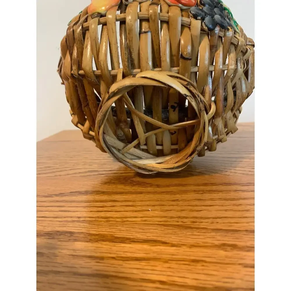 VTG Fruit Wicker Gathering Basket God's Eye Branch Handle Woven Hand Painted